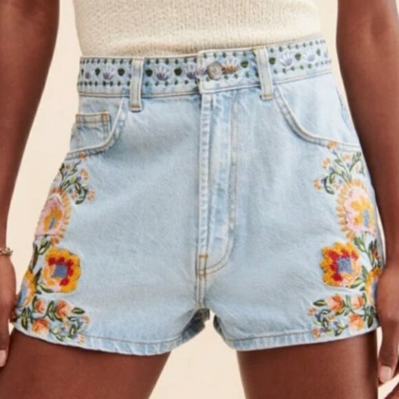 Farm Rio Summer Garden Embroidered Denim Shorts High-Waist Light Wash Size 30 - Picture 1 of 4